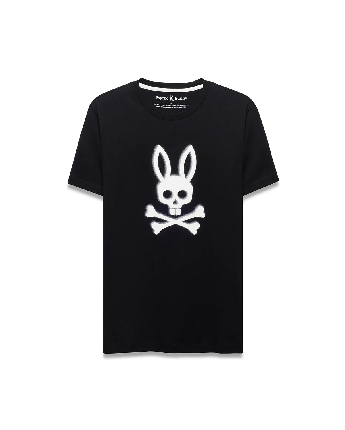 Mens Emmanuel Pima Cotton Graphic Tee, black classic fit t-shirt featuring a large white distressed Psycho Bunny skull and crossbones graphic on the chest, smooth jersey fabric, and a small embroidered logo at the back neckline. (1)