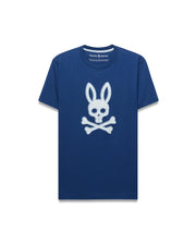 Mens Emmanuel Graphic Tee, a classic fit navy blue jersey t-shirt featuring a large, distressed white Psycho Bunny skull and crossbones graphic prominently on the chest. (1)