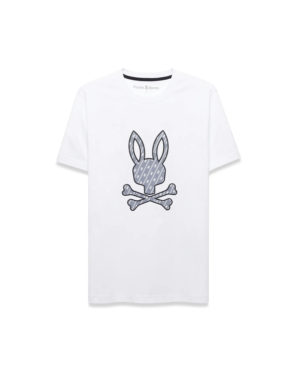 Mens Jaden Appliqué Graphic Tee, a classic fit white jersey t-shirt with a large central grey bunny skull logo, outlined in black and filled with a repeating mini bunny skull pattern. (1)