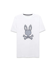 Mens Jaden Appliqué Graphic Tee, a classic fit white jersey t-shirt with a large central grey bunny skull logo, outlined in black and filled with a repeating mini bunny skull pattern. (1)