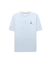 Light blue Mens Jaydon Relaxed Fit Tee in soft jersey, featuring a small embroidered Psycho Bunny skull logo on the left chest and orange neck tape. (5)