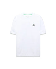 White Mens Jaydon Relaxed Fit Tee in smooth jersey knit, featuring a small embroidered Psycho Bunny skull logo on the left chest and green neck tape. (5)