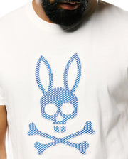 Mens Stan Pima Cotton Graphic Tee, a classic fit white Pima cotton jersey t-shirt with a large central embroidered Psycho Bunny skull and crossbones logo featuring a blue and white checkered pattern. (2)