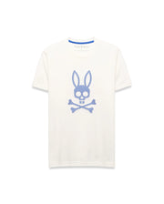 Mens Stan Graphic Tee, cream classic fit jersey knit t-shirt featuring a large central blue dotted Psycho Bunny skull logo and blue inner collar trim. (5)