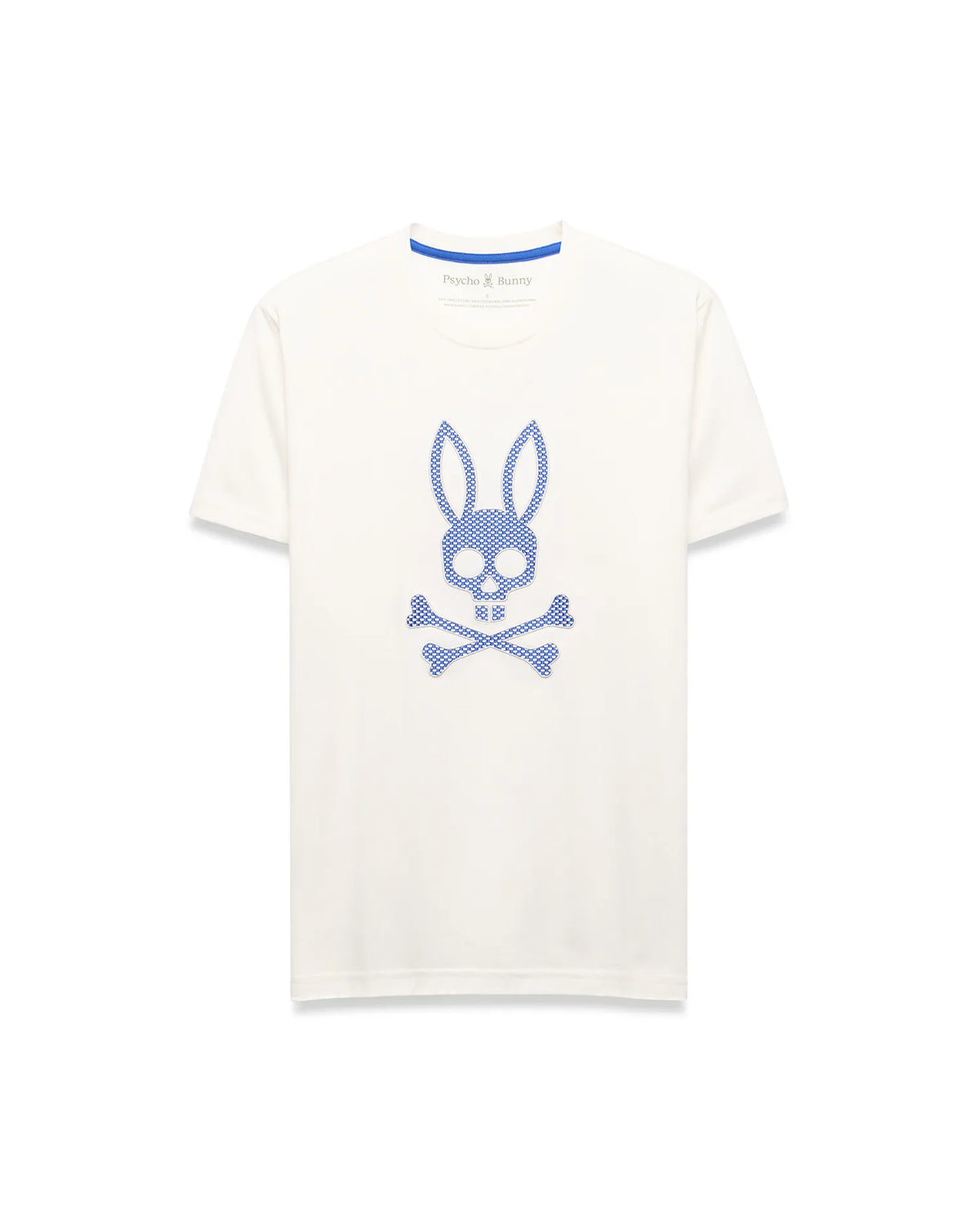 Mens Stan Graphic Tee, cream classic fit jersey knit t-shirt featuring a large central blue dotted Psycho Bunny skull logo and blue inner collar trim. (5)
