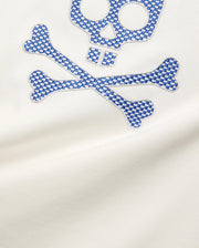 Mens Stan Graphic Tee in white smooth jersey, featuring a large embroidered Psycho Bunny skull and crossbones logo with a blue and white checkerboard pattern. (6)