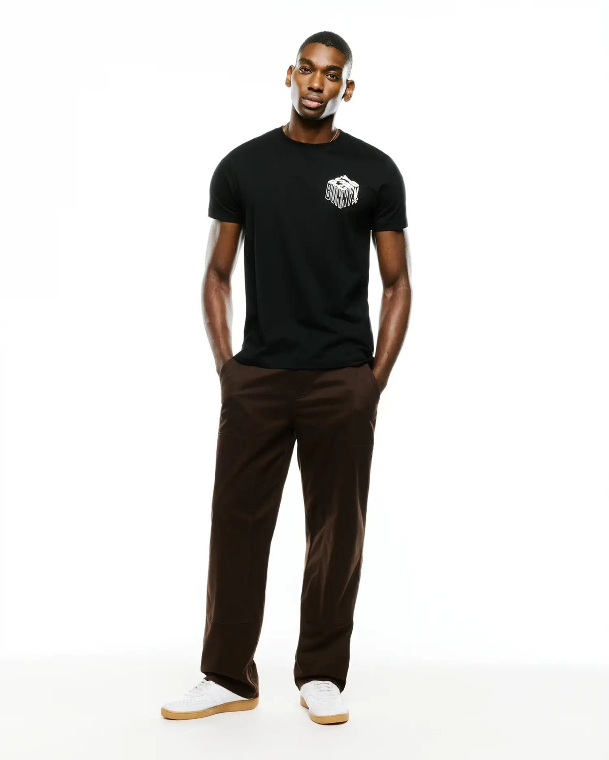 Men's Conan Pima Back Graphic Tee, a classic fit black Pima cotton jersey t-shirt featuring a small white stylized Psycho Bunny! 3D box graphic on the left chest. (4)