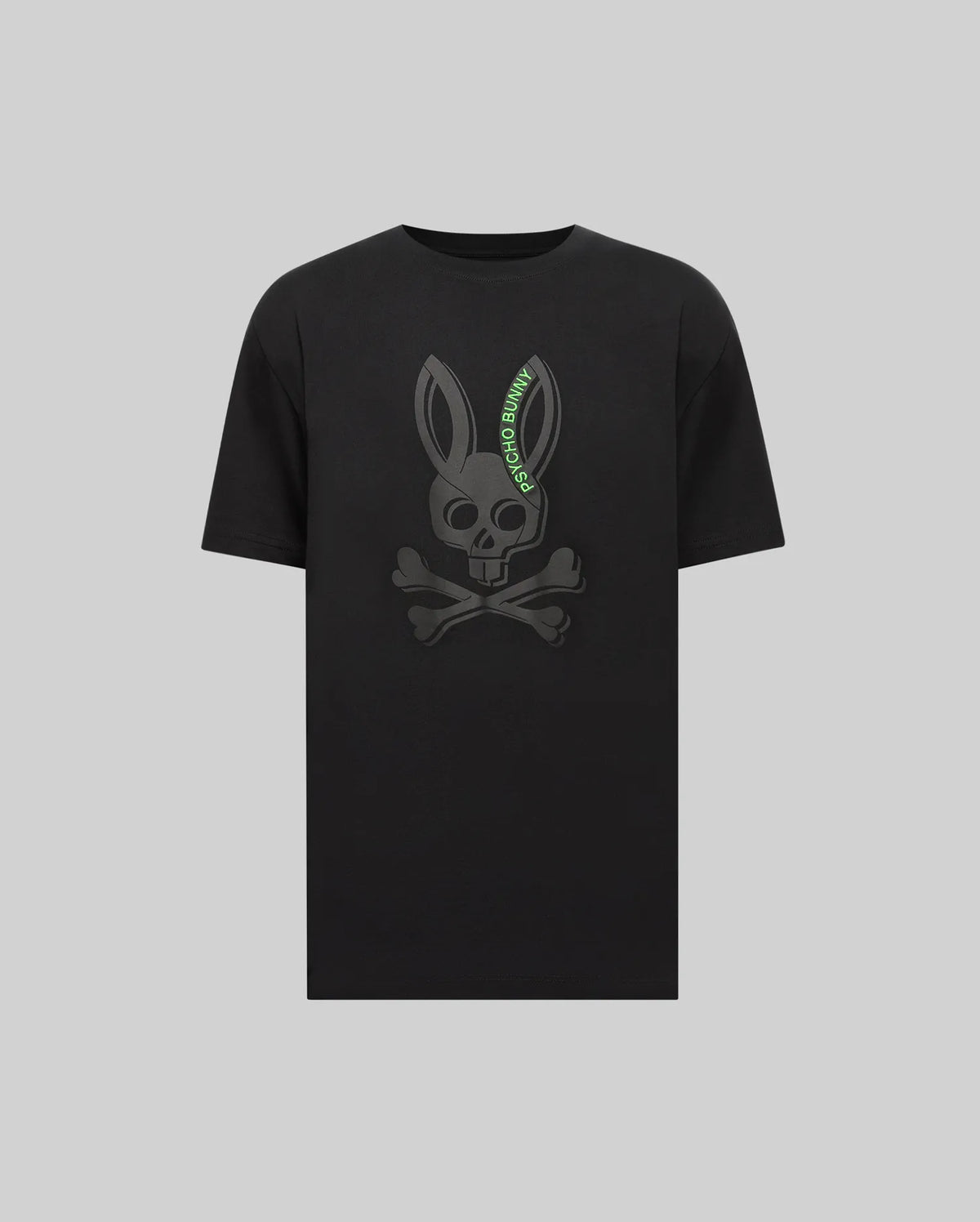 Mens Serge Embroidered Bunny Graphic Tee, a black relaxed-fit jersey t-shirt with a large dark grey bunny skull and crossbones graphic on the chest, featuring green embroidered PSYCHO BUNNY text.