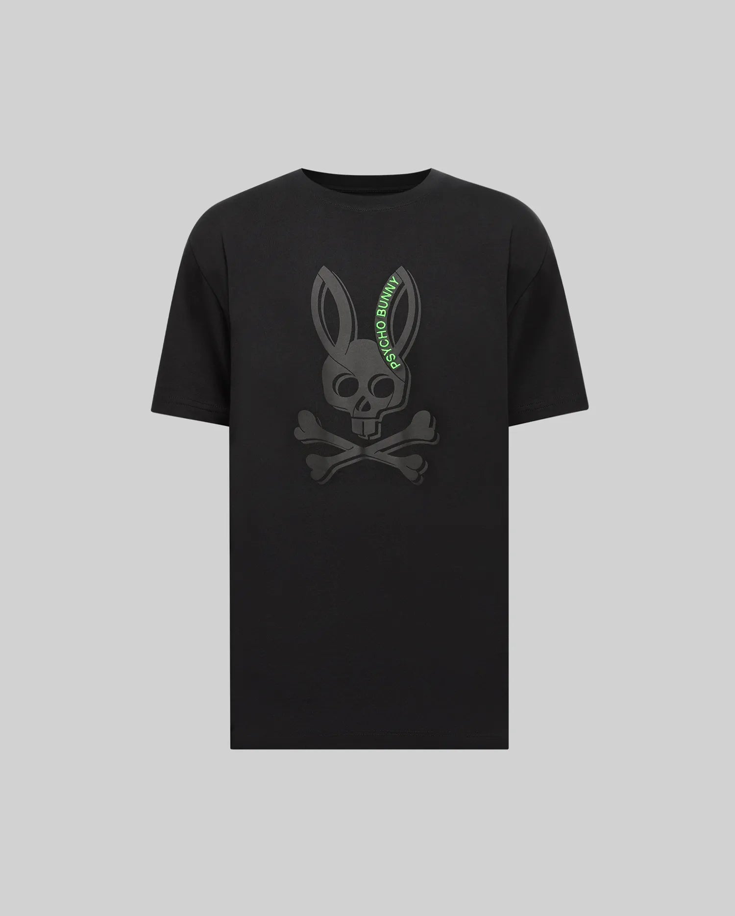 Mens Serge Embroidered Bunny Graphic Tee, a black relaxed-fit jersey t-shirt with a large dark grey bunny skull and crossbones graphic on the chest, featuring green embroidered PSYCHO BUNNY text.