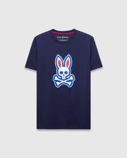 Mens John Graphic Tee, a classic fit navy jersey t-shirt featuring a large white, red, and blue Psycho Bunny skull logo graphic on the center chest and red neck tape. (1)