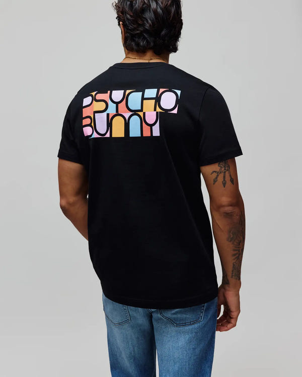 Black jersey knit Mens Raphael Back Graphic Tee with a classic fit, featuring a large, multicolored block-style Psycho Bunny wordmark graphic on the upper back.