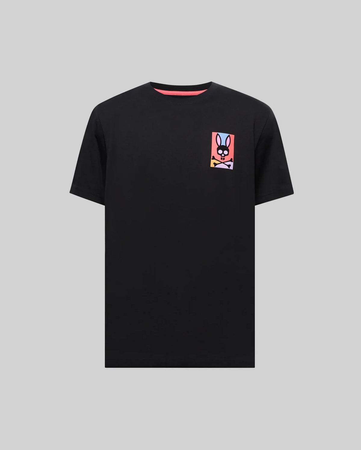 Black Mens Raphael Back Graphic Tee, a classic fit jersey t-shirt, features a small rainbow gradient Psycho Bunny skull logo on the left chest and a neon pink inner neckline.