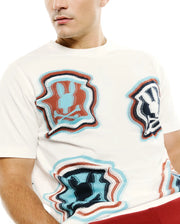 Men's Klaus Jacquard Tee, a classic fit cream jersey t-shirt featuring an all-over distorted wavy Psycho Bunny skull logo jacquard pattern in teal, navy, rust, white, and black. (2)