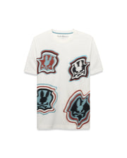 Men's Klaus Jacquard Tee, an ecru classic fit t-shirt featuring four large, distorted red, black, and light blue Psycho Bunny skull jacquard knit graphics on the front. (5)