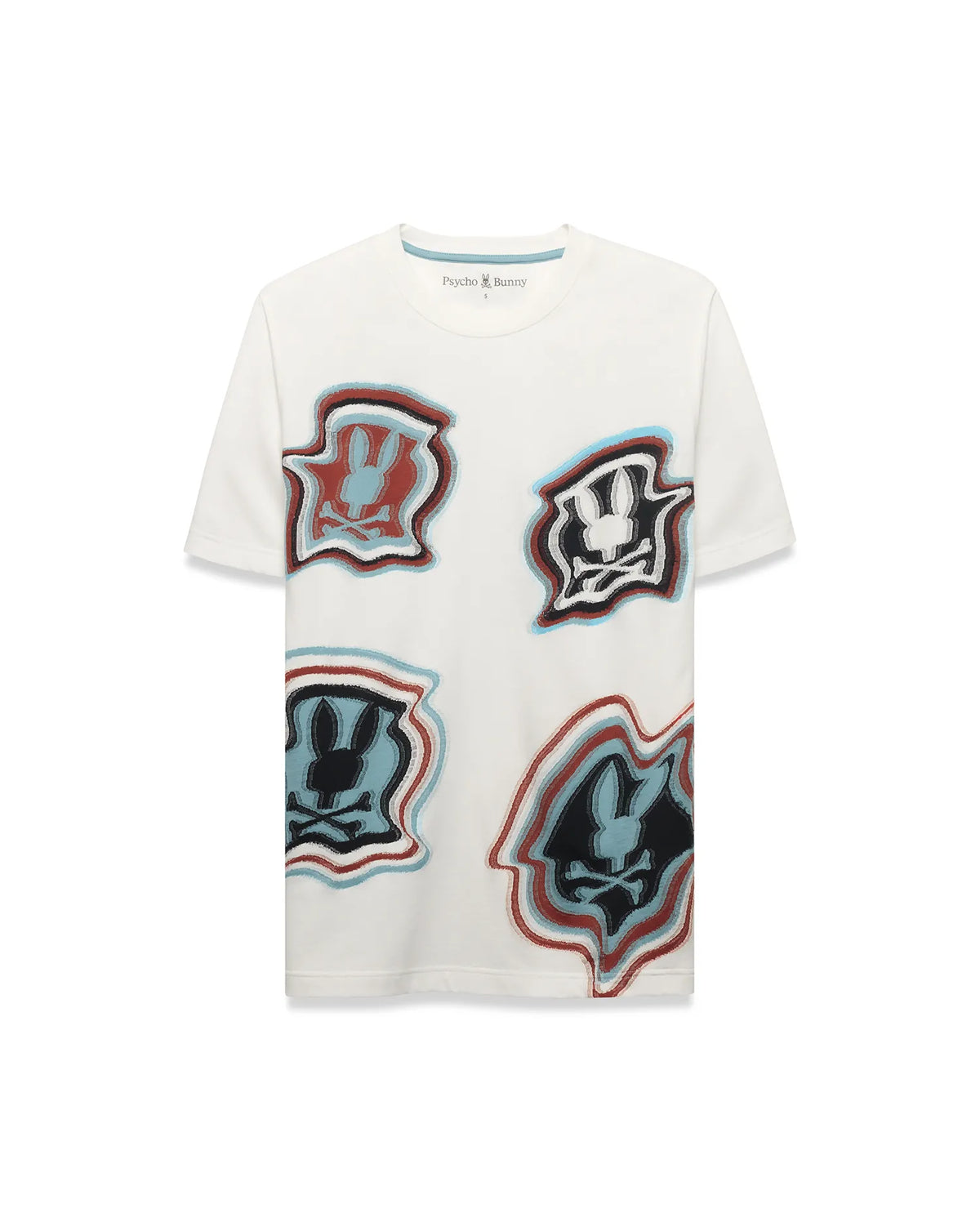 Men's Klaus Jacquard Tee, an ecru classic fit t-shirt featuring four large, distorted red, black, and light blue Psycho Bunny skull jacquard knit graphics on the front. (5)