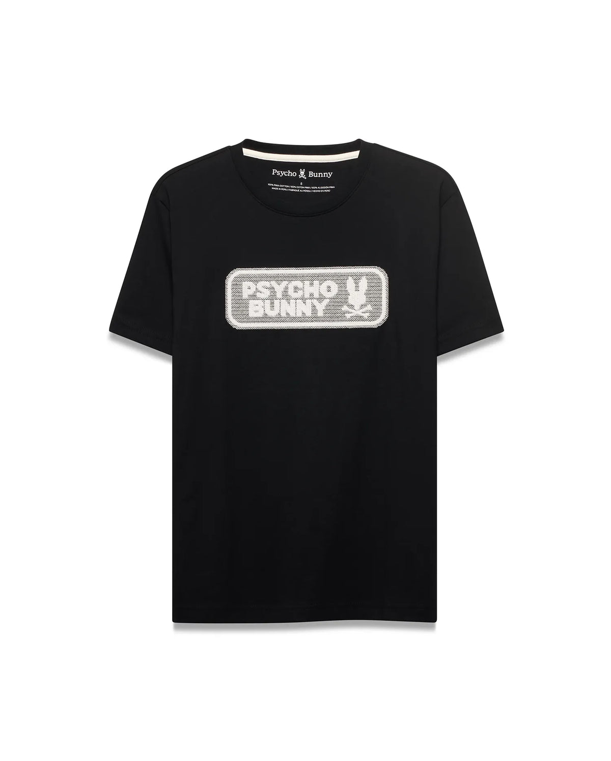 Men's Samson Wordmark Graphic Tee. Black classic fit jersey t-shirt with a large, centered white and silver embroidered Psycho Bunny wordmark graphic featuring the iconic bunny skull logo. (1)