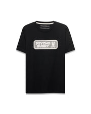 Men's Samson Wordmark Graphic Tee. Black classic fit jersey t-shirt with a large, centered white and silver embroidered Psycho Bunny wordmark graphic featuring the iconic bunny skull logo. (1)