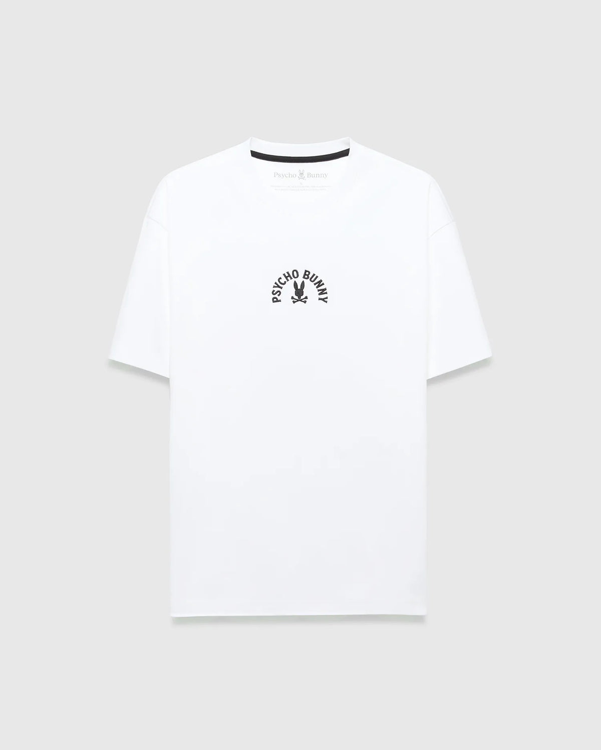 White Mens Stevie Relaxed Fit Tee in smooth jersey fabric, featuring a small black arched Psycho Bunny text and skull bunny graphic on the central chest. (5)
