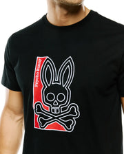 Men's Lowell Graphic Tee, black classic fit jersey t-shirt with a large white outlined Psycho Bunny skull and crossbones logo on the chest, featuring a red background and white Psycho Bunny text. (3)