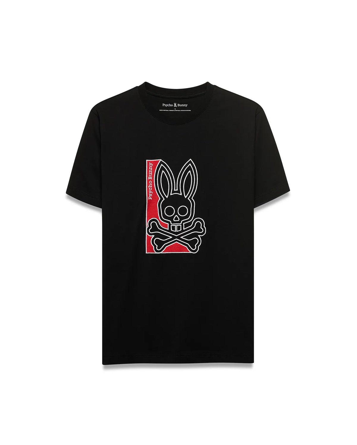 Men's Lowell Graphic Tee, black classic fit jersey t-shirt with a large central white-outlined Psycho Bunny skull and crossbones logo featuring red accents and vertical Psycho Bunny text. (1)