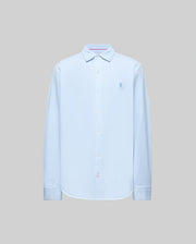 The Psycho Bunny MENS JIM JERSEY STRIPED KNIT SHIRT (MT0300041) is a light blue, long-sleeve pima cotton shirt with a collar and small embroidered blue logo on the left chest, shown against a plain gray background.