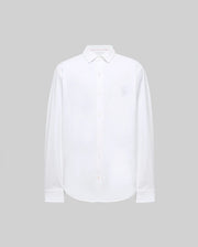 The Psycho Bunny MENS JIM JERSEY KNIT SHIRT (MT0300067) is a long-sleeved, white, athletic-fit shirt with a collar and a subtle embroidered logo on the upper left chest, shown on a plain light gray background.