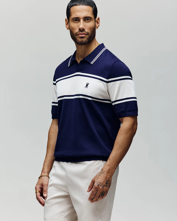 Mens Blue Zavian Stripe Knit Polo | Psycho Bunny