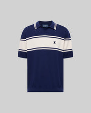 The Psycho Bunny MENS ZAVIAN STRIPE KNIT POLO (MT0400055) features navy blue cotton with white horizontal stripes, a striped collar, and a bird logo on the chest, shown on a plain gray background.