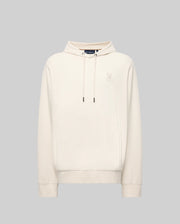The Psycho Bunny MENS KAI HOODIE - MT0500019 is a plain light beige hoodie with long sleeves, a front pocket, and a small embroidered Bunny logo on the left chest, shown against a solid light grey background.