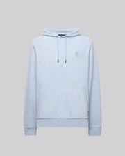 The Psycho Bunny MENS KAI HOODIE - MT0500019 features a light blue twill texture, front pocket, drawstrings, and an embroidered Bunny logo on the left chest, shown against a gray background.