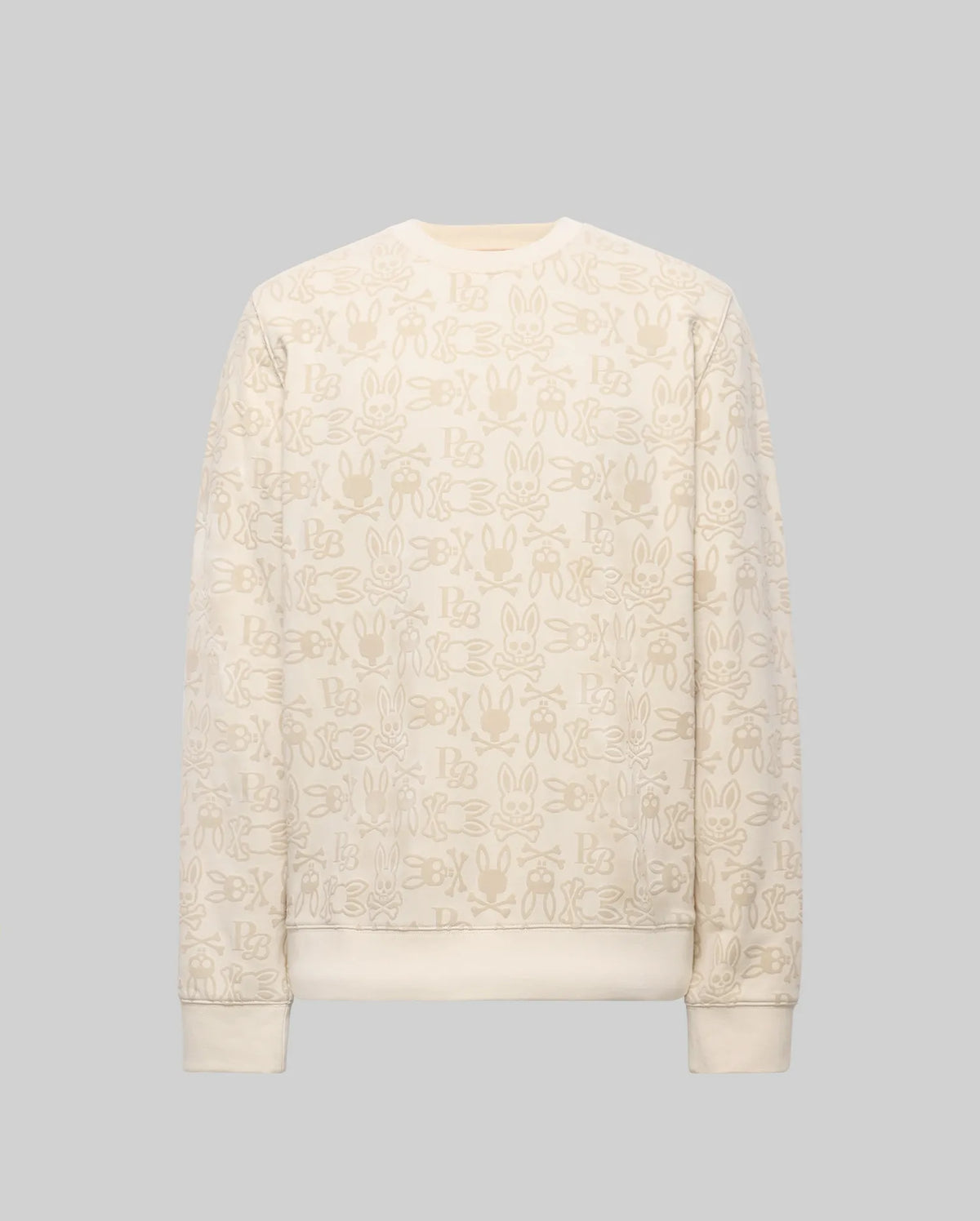 The Psycho Bunny MENS REED FLOCK CREW - MT0500041 is a cream crewneck pullover made from a premium cotton blend, showcasing an all-over beige cartoon bunny pattern and "BBX" text on a gray background.