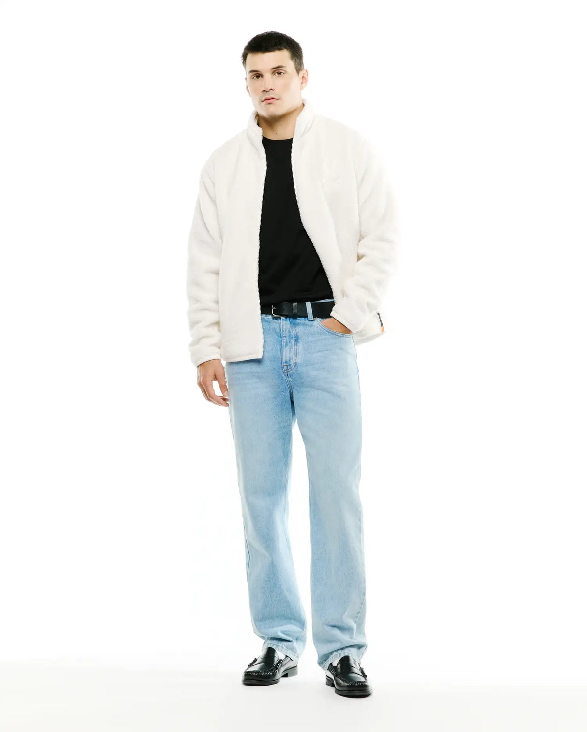Men's Rowley Sherpa Zip Jacket, white plush sherpa fleece, relaxed fit, full-zip, stand collar, small embroidered Psycho Bunny skull chest logo, and orange sleeve cuff stripe. (5)