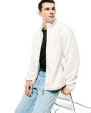 MEN'S ROWLEY SHERPA ZIP JACKET, a cream sherpa fleece full-zip jacket with a stand collar, small tonal embroidered Psycho Bunny skull logo on the left chest, and branded zipper pulls. (2)