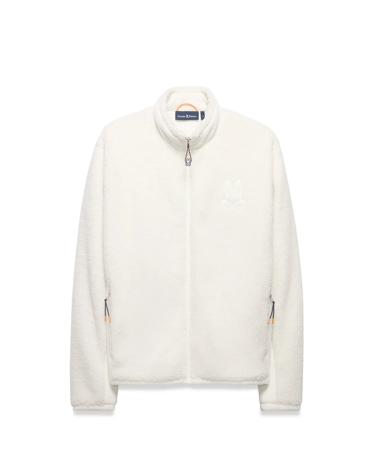 Men's Rowley Sherpa Zip Jacket, a cream-colored full-zip jacket with a soft sherpa texture, features a large embroidered Psycho Bunny skull logo on the left chest and orange/navy accent zipper pulls. (6)
