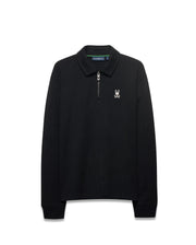 MEN'S SAMSON QUARTER-ZIP SWEATER, black smooth knit with a classic fit, featuring a quarter-zip collar, small white embroidered Psycho Bunny skull logo on the left chest, and green neck tape. (5)