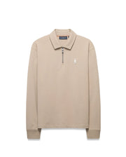 Men's Samson Quarter-Zip Sweater in beige, featuring a classic fit, smooth fabric, quarter-zip collar, ribbed cuffs, and a small embroidered white Psycho Bunny skull logo on the left chest. (5)