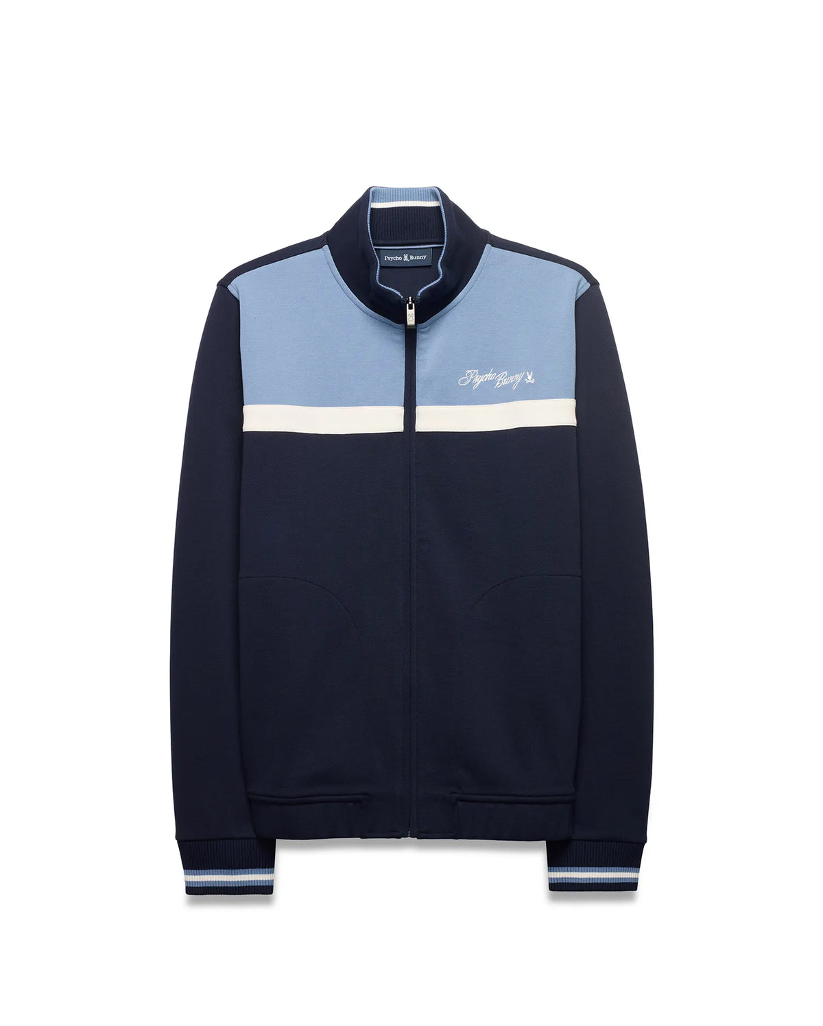 Men's Jacques Pique Track Jacket, navy pique with light blue upper and white stripe. Classic fit, full zip with bunny skull pull, ribbed trim, and embroidered Psycho Bunny script logo on chest. (6)