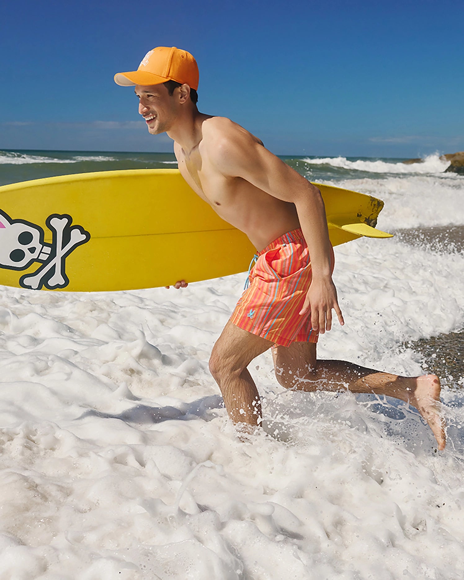 MENS ORANGE ANTON ALL OVER PRINT SWIM TRUNK PSYCHO BUNNY