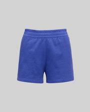 Womens Olivia Fleece Short in a vibrant periwinkle blue, featuring a relaxed fit, soft fleece fabric, and a comfortable elastic waistband for refined streetwear style.