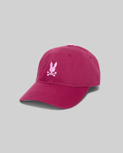 Womens Amaris Baseball Cap in magenta cotton twill, featuring a prominent light pink embroidered Psycho Bunny skull logo on the front and a matching pink top button.