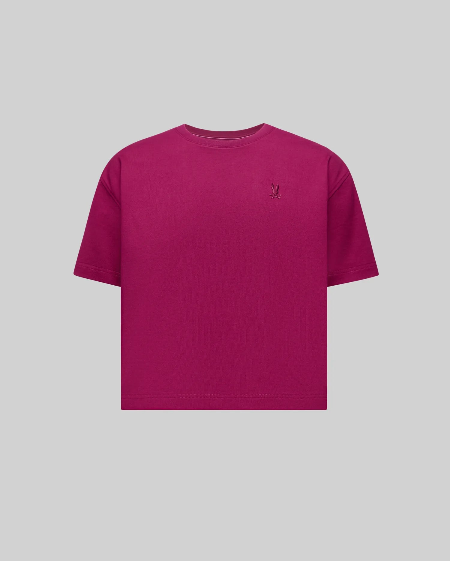 Women's Camille Oversized Fit Tee in magenta, featuring a smooth jersey knit and a tonal embroidered Psycho Bunny skull logo on the left chest.