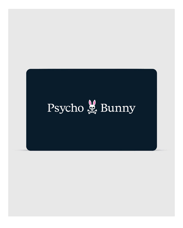 A stylish rectangular black card showcases the "Psycho Bunny" brand in sharp white lettering, accompanied by a logo featuring a bunny head with skull and crossbones beneath it. This Psycho Bunny Digital Gift Card is an ideal choice for fashionable gifts—redeem during checkout to enhance your shopping journey.