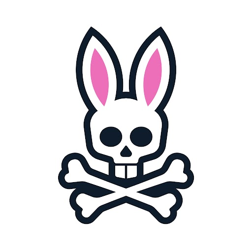 Psycho Bunny Small Holo Gift Box showcasing the iconic white bunny skull and crossbones logo with vibrant pink inner ears, bold black outlines, a distinctive graphic.