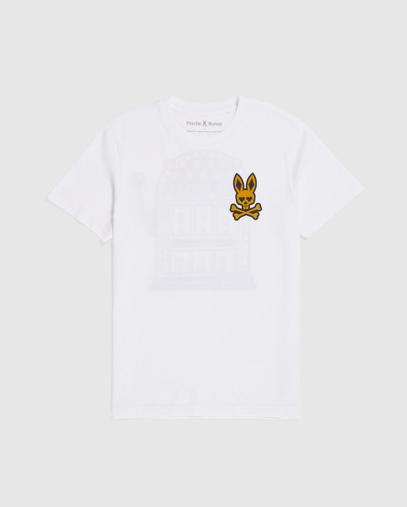 A MENS VEGAS CITY TEE - B6U967X1PC crafted from soft Pima cotton jersey features a white design with a small Printed Bunny Logo—complete with crossbones—on the upper left side and a barely visible slot machine image in the center. The tag reads "Psycho Bunny.