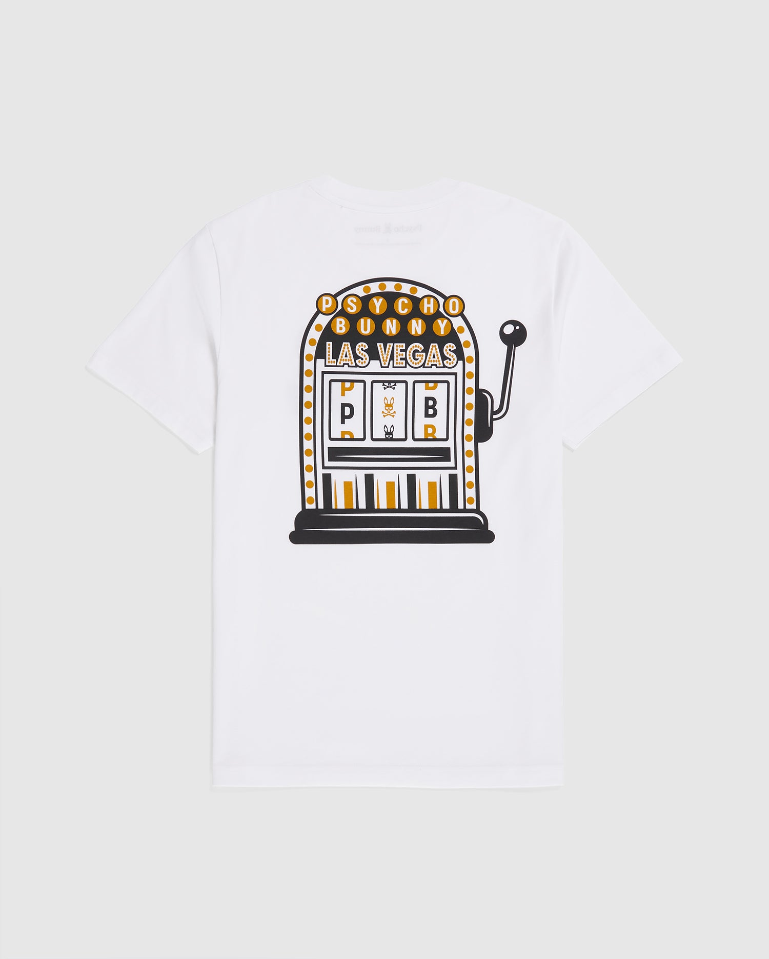 A white Psycho Bunny MENS VEGAS CITY TEE - B6U967X1PC made of soft Pima cotton jersey featuring a colorful graphic of a slot machine on the back. The printed bunny logo and the text "Psycho Bunny Las Vegas" sit atop three slot windows displaying bunny icons and the letters "P", "B".
